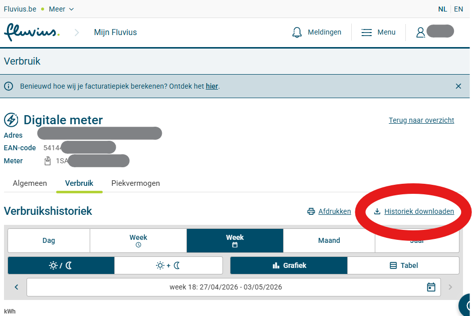 Mijn Fluvius verbruikshistoriek met Historiek downloaden aangeduid