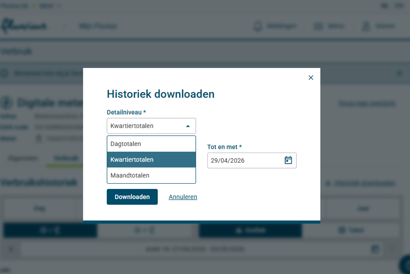Mijn Fluvius venster Historiek downloaden met Kwartiertotalen aangeduid